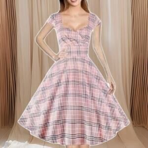 Hanpceirs Retro Style Fit & Flare Dress With Pockets Pink Black Plaid XL 2X